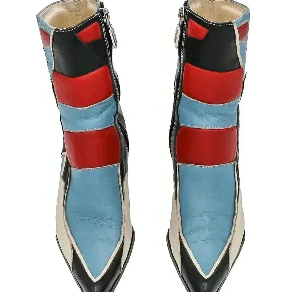 RARE Y2K Red Blue Club Kid Moto Pointed Boots 37 Leather Ankle Kitten Heel Boots - Picture 3 of 5